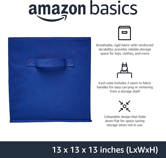 Amazon Basics Cube Organizer Storage Bins Handles, Collapsible Fabric, Pack of 6, 13"x13"x13", Navy