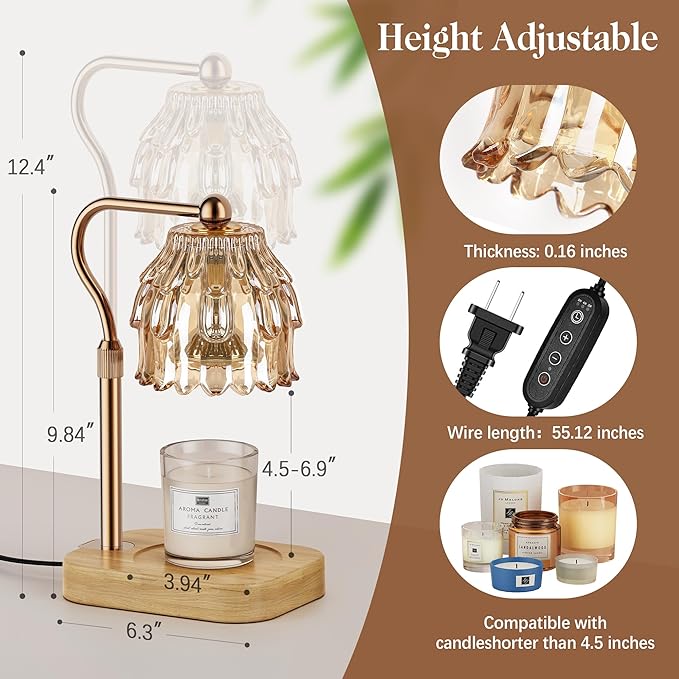 Candle Warmer Lamp with Timer Dimmer, Modern Wax Warmer for Scented Wax Jar Candle Warmer with 2 Bulbs, Adjustable Height Glass Lamp for Gifts for Women, House Warming Gifts, Home Decor, Gold Amber
