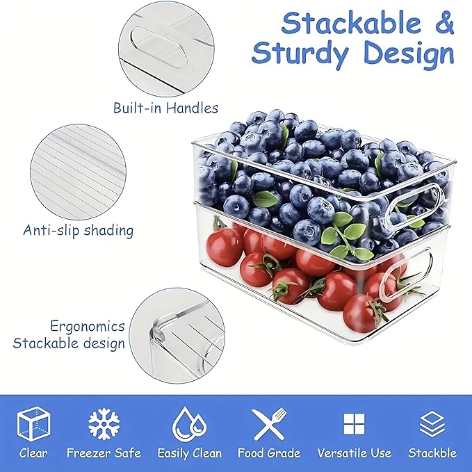 6 Pack Refrigerator Organizer Bins,3 Sizes Clear Pantry Storage with Handles and 30 PCS Plastic Bags for Fridge, Freezer, Shelves, Drawer, Bins, Snack Organizer for Home & Kitchen