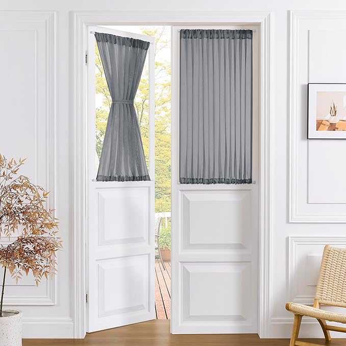 Tollpiz Short Sheer Door Curtains Closet Linen Textured Curtains Sheer Doorway Light Filtering Voile Patio Glass Door Rod Pocket Curtain French Door, 54 x 40 inches Long, Dark Grey, Set of 1 Panel