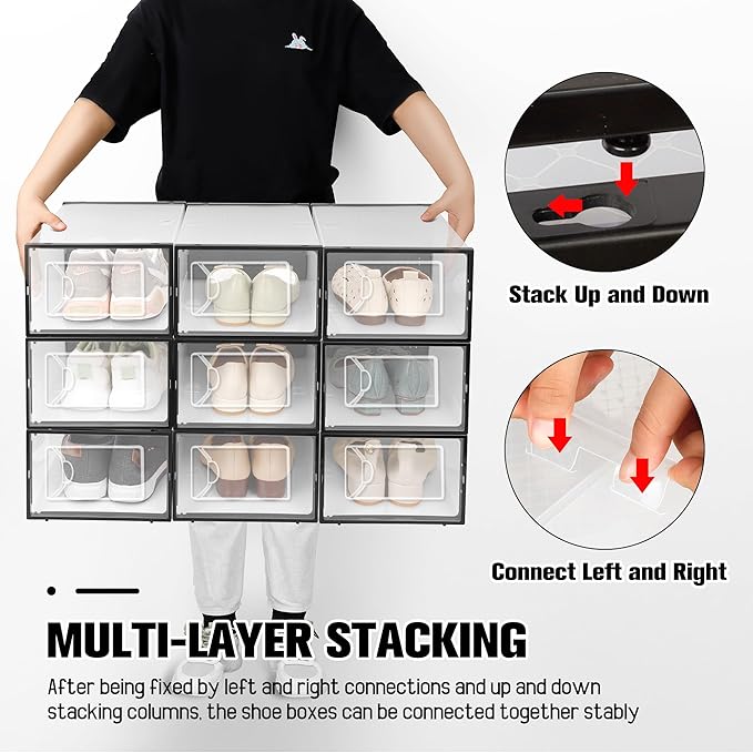 Kuject 15 Pack Shoe Storage Boxes, Clear Plastic Stackable Shoe Organizer for Closet, Connect Left and Right Shoe Boxes Case Container Bin for Entryway, Drop Front, Fit for Size 10(Black)