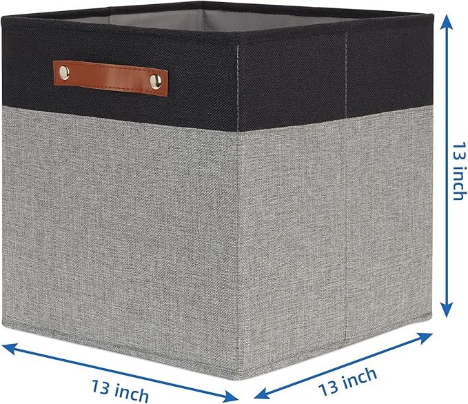 Temary 13 x 13 Storage Cubes Foldable Storage Cubes 4 Pack Canvas Storage Bin for Home, Square Storage Baskets with Leather Handles (Black&Grey)
