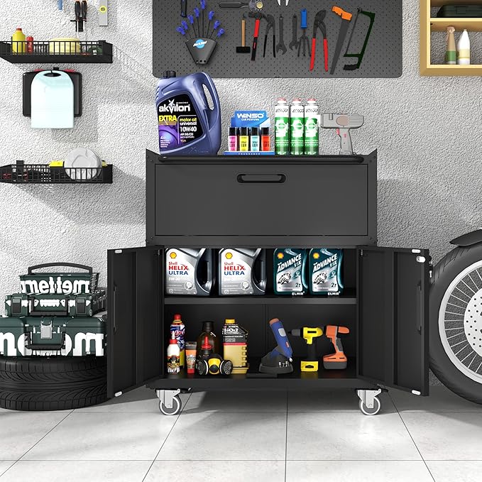 Metal Storage Cabinet with Wheels, Lockable Garage Cabinet with 2 Doors and 1 Drawer, Rolling Tool Storage, Assembly Required, Black