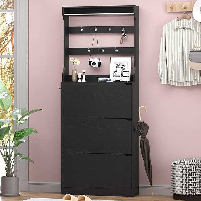Shoe Cabinet with 3 Flip Drawers & Coat Rack, Narrow Hidden Shoe Storage Cabinet, 2-in-1 Hall Tree Slim Freestanding Shoe Rack Organizer for Entryway, Hallway, and Living Room