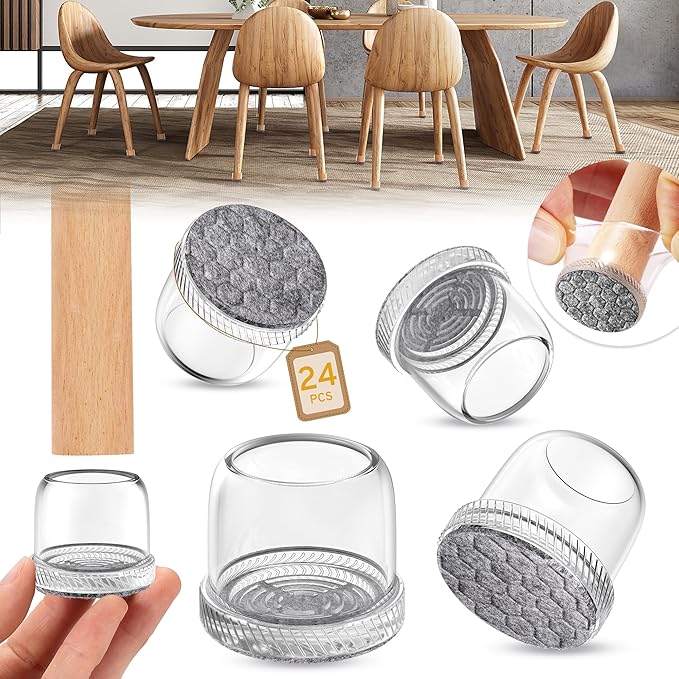 24PCS Round Chair Leg Floor Protectors, Furniture Sliders, Chair Leg Protectors for Hardwood Floors, Non-Slip Felt Furniture Pads, Silicone Cap Covers to Protect Floors, (Fit 0.75" - 1.1")