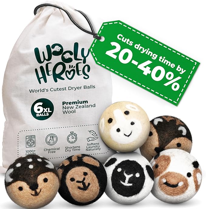 No More Dryer Sheets! Reusable Wool Dryer Balls XL 6-Pack - Reduces Static, Cuts Dry Time, & Softens Naturally