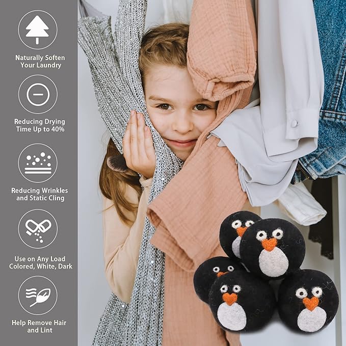 Pack of 6 Wool Dryer Balls, Muulaii Reusable Fabric Softener, Extra Large, Black Penguin