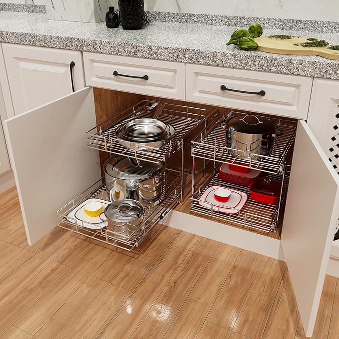 ROOMTEC Individual Pull Out Cabinet Organizer (14" W x 21" D), 2 Tier Spice Rack Organizer for Cabinet, Slide Out Drawer Pantry Shelf Organization and Storage for Kitchen Bathroom
