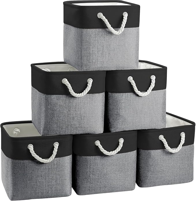 Cube Storage Bins, Collapsible Fabric Cube Storage Bin, 11 Inch Cube Storage Bins with Handles, Foldable Storage Cubes (Black/Gray, 6Pack)