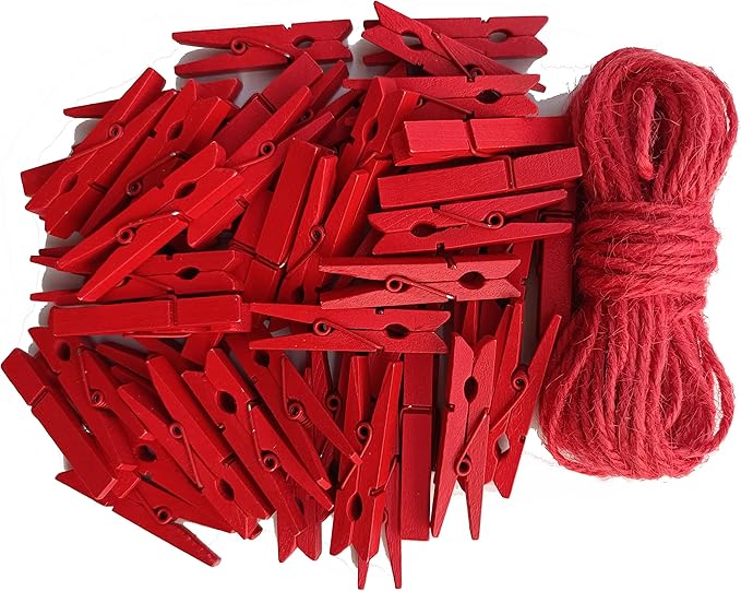 1.9 Inch Red Strong Wood Clothes Pins Hold Xmas Cards Papers Scrapbooking Gloves Socks Laundry Clip with Twine Pack 50