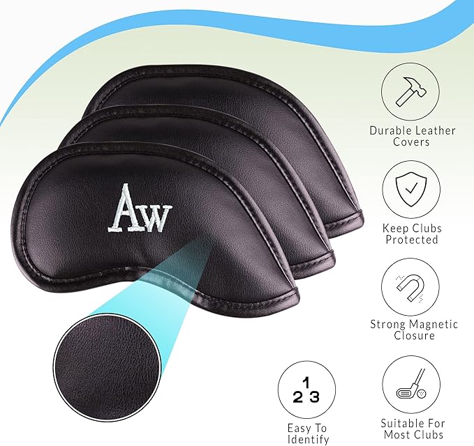 Premium Magnetic Leather Iron and Wedge Golf Club Head Covers | Set of 10 | Fits Most Clubs | Embroidered Club Label on Both Sides of Club Head Cover