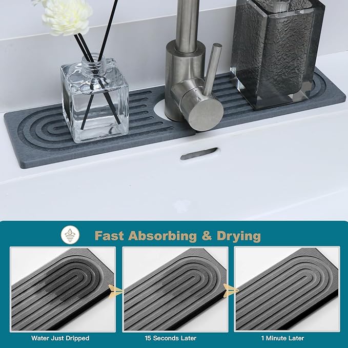 Absorbent Faucet Mat, Sink Caddy Kitchen Sink Organizer, Kitchen Counter Decor, Quick Dry Stone Mat Kitchen, Water Absorbing Stone Tray for Sink, Kitchen Soap Tray, Stone Sink Mat (DARK GREY, 15.8*4")