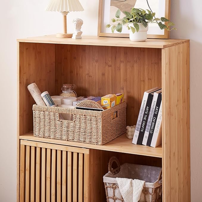 OIAHOMY Wicker Basket, Paper Shelf Basket with Built-in Handles, Rectangular Wicker Storage Bin for Pantry, Shelves, 1 Pack-Yellow