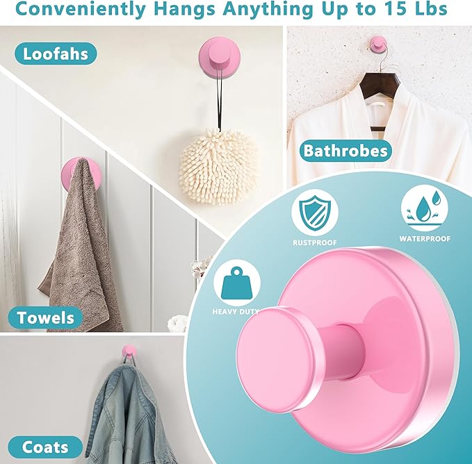 Suction Cup Hooks for Shower,Removable No Drill Towel Hooks,Upgraded 15 lbs Strong Suction hooks for Bathroom Tile,Shower Wall,Glass Door,Kitchen-Loofah,Coat,Stainless Waterproof-Pink 4 Pcs