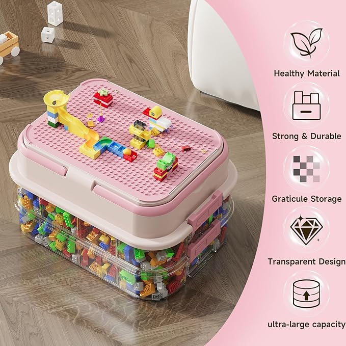 Toy Storage Organizer Box with Handle, Stackable Building Block Toy Box with Building Plate Lid & Removable Sorting Trays, Cubby Bins and Containers 1 Layer (Pink)