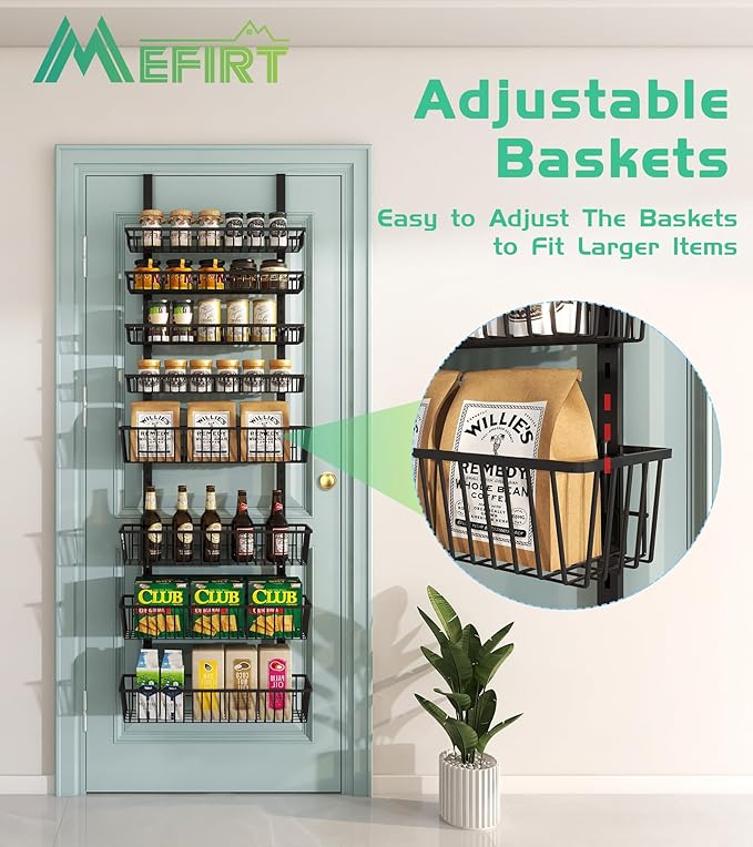 Over The Door Pantry Organizer, Pantry Organization and Storage, 8-Tier Deep Baskets Hanging Heavy-Duty Metal, Wall Spice Rack Seasoning Shelves for Home & Kitchen, Laundry Room Bathroom, Black
