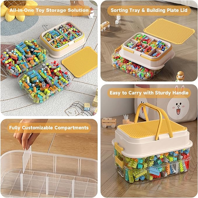 Toy Storage Organizer Box with Handle, Stackable Building Block Toy Box with Building Plate Lid & Removable Sorting Trays, Cubby Bins and Containers 1 Layer (Lemon)