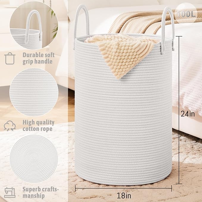 Laundry Basket,Woven Cotton Rope Laundry Hamper,100L for Decorative Storage of Dirty Clothes,Toys and Blankets in Bathroom,Baby Room and Living Room