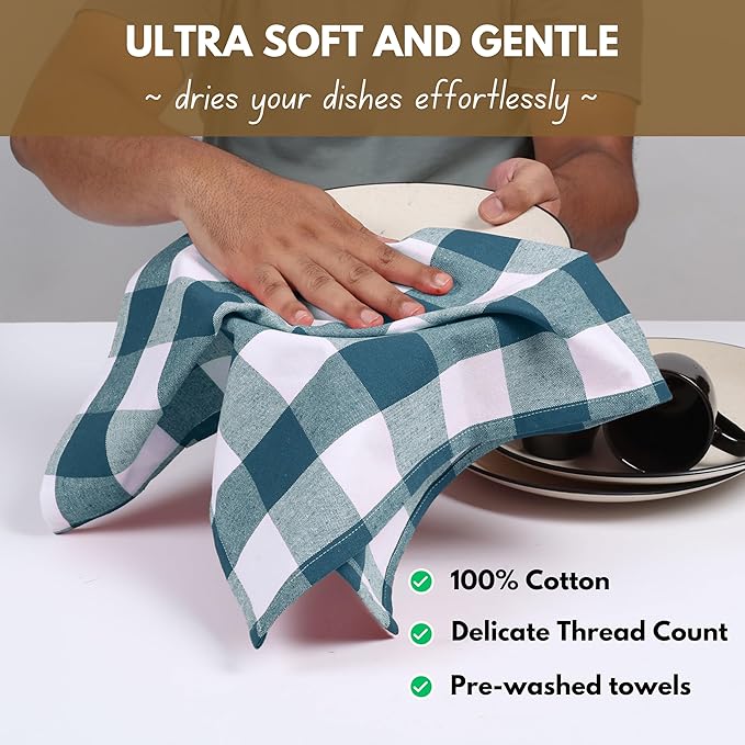 Native Fab 6-Pack Kitchen Towel with Hanging Loop 16x26 inches, Cotton Buffalo Check Kitchen Towels for Cleaning Drying, Washcloths Soft & Absorbent Cloth Rags, Bar Towel, Dish Cloth, Teal Green