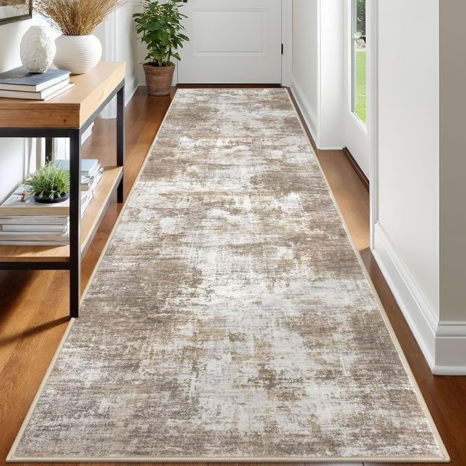 IOHOUZE Abstract Runner Rug 3x12 Ft Washable Runners for Hallways, Non Slip Kitchen Runner Printed Faux Wool Entryway Runner Indoor, Modern Abstract Floor Carpet for Hall Kitchen, Beige Brown