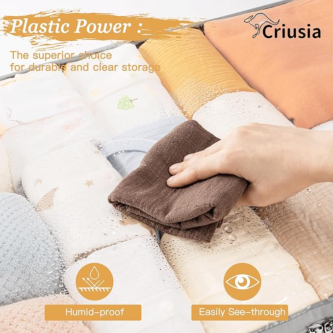 Criusia Under Bed Storage Bins with Clear PVC Lids – 4 Pack Large Underbed Organizers with Heavy-Duty Handles, Reinforced with 800G PP Panels & 80G Non-Woven Fabric – Waterproof & Foldable, Gery