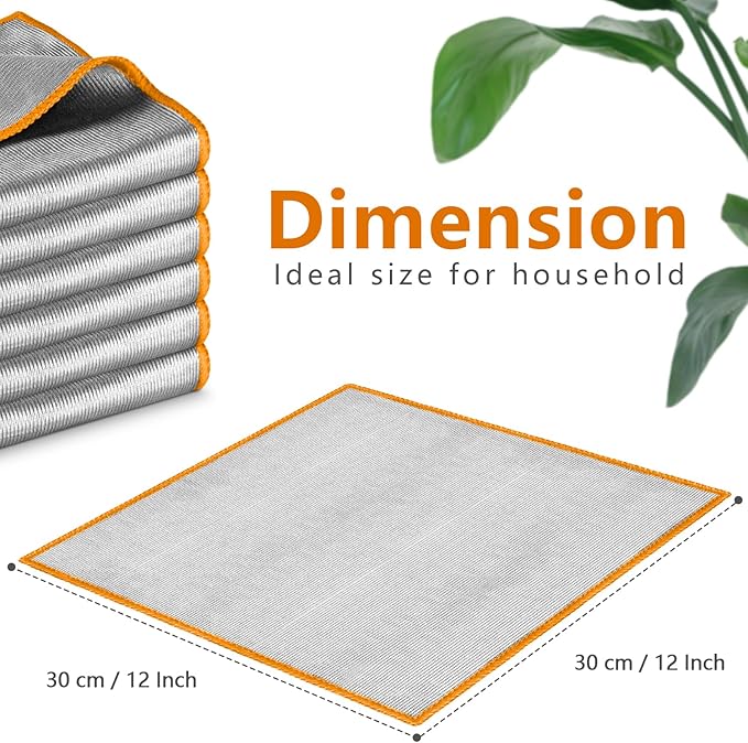 Glass Polishing Cloth Streak Free Miracle Microfiber Cleaning Cloth Lint Free Cleaning Rags for Glasses Kitchen Dish Mirrors Easy Clean, Pack of 6, 12" x 12", Sliver-Orange