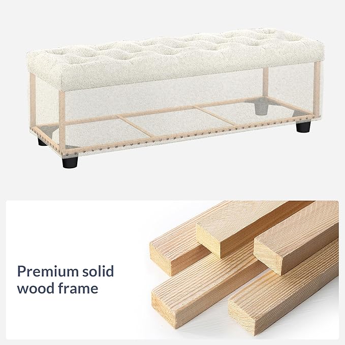 BELLEZE 47" Storage Ottoman, Storage Bench with Safety Close Hinge, Linen Button-Tufted Ottoman for Living Room, Entryway, Hallway, Foot Rest, Support 300lbs - White