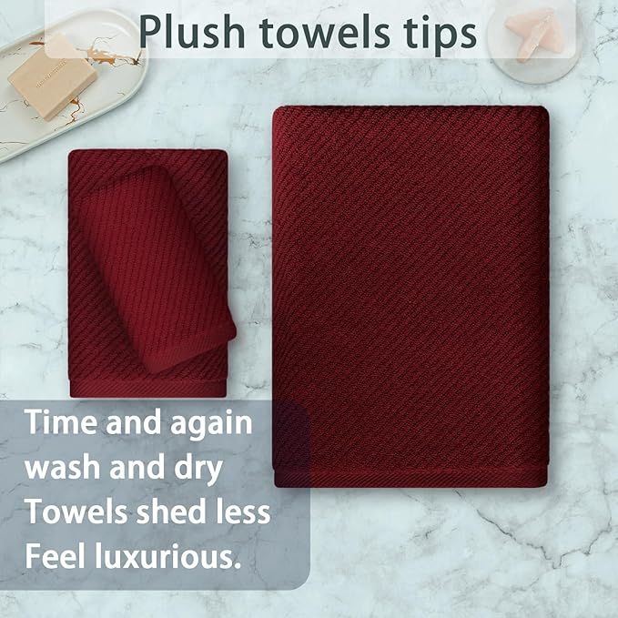 VOOVA & MOVAS 3 Piece Towel Set - 100% Cotton | Quick Dry | Soft | Thick,1 Large Bath 30" x 56", 1 Hand 18" x 28", 1 Wash Cloth 13" x 13", Towels for Bathroom, Bathroom Towels Gift, Burgundy