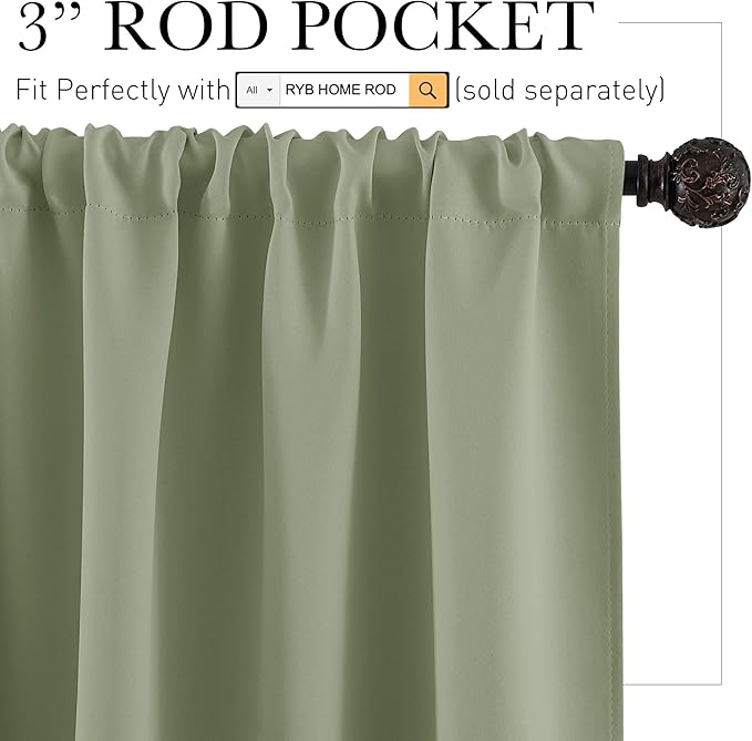 RYB HOME Bathroom Window Curtains - Super Soft Blackout Privacy Curtains for Baby Nursery Bedroom Basement Garege Workshop Kitchen Dining Living Room, W 29 x L 30, Sage Green, 2 Pcs