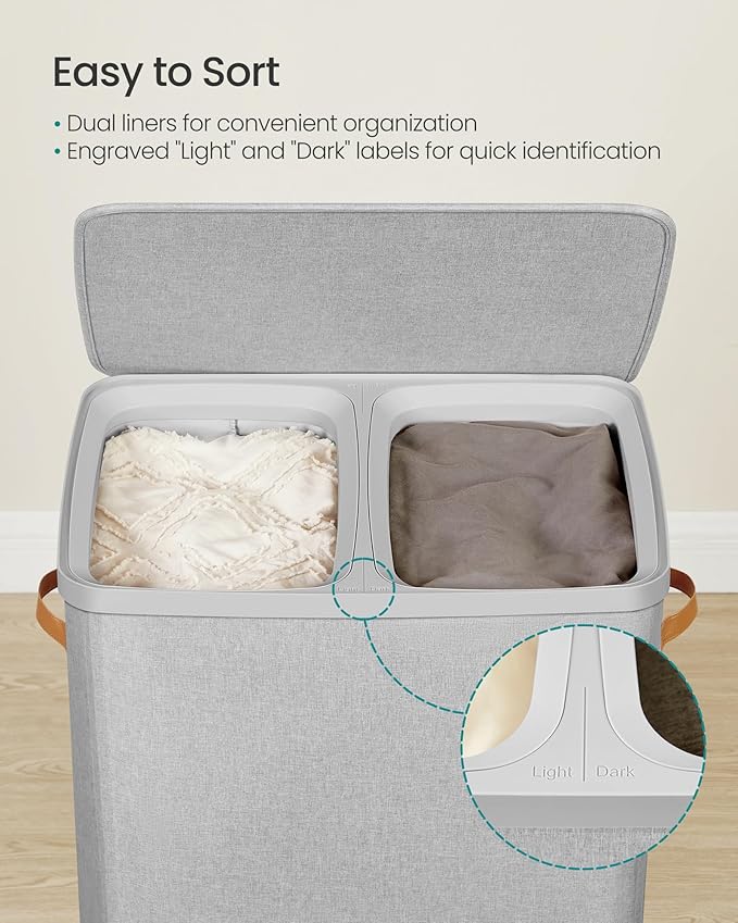 SONGMICS Laundry Basket, 44.9 Gal. Laundry Hamper, 2 Compartments, Easy Assembly, with Lid and Handles, Removable Inner Bags, 22 x 15.7 x 29.5 Inches, Dove Gray ULCB813G01