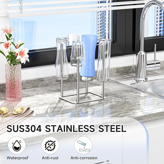 Water Bottle Drying Rack Reusable Bottle Rack Dryer Kitchen Stand Holder Stainless Steels Countertop Baby Bottle Drying Rack Water Cup Drying Rack for Plastic Bags, Bottles and Cups Silver