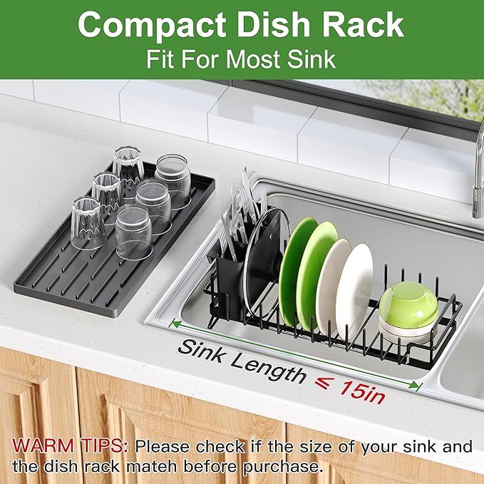 Dish Drying Rack Over the Sink Expandable In Small Black Drainer Dry for Kitchen Counter, Metal Stainless Steel Compact Dishes Drain with Tray, Space Saving Extendable Modern Plate Strainer Holder