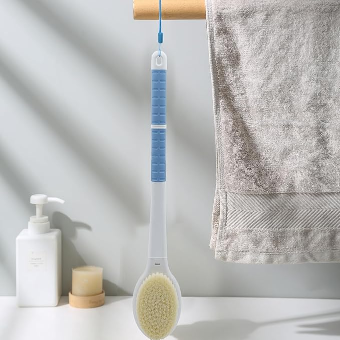 Shower Brush with Soft and Stiff Bristles,20.5" Extra Long Handle Dual-Sided Back Scrubber Bath Brush Body Exfoliator for Wet or Dry Brushing (Grey)(Super Long Handle)