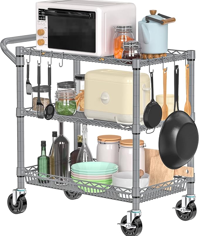 Metal Heavy Duty Carts with Wheels 1050lbs, 3 Tier Rolling Utility Cart with Storage, Steel Wire Carts with Handle Bar&Shelf Liner, Commercial Grade Trolley for Kitchen, Grocery