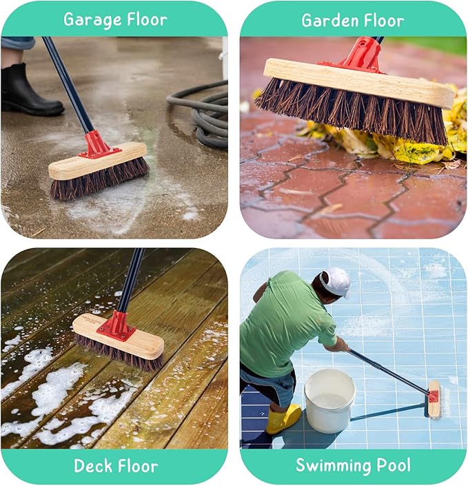 Deck Brush with Long Handle, 52'' Palmyra Bristle Scrub Broom for Boat, Patio, Garage, Concrete, Shower, Bathroom Cleaning, Outdoor Floor Scrubber