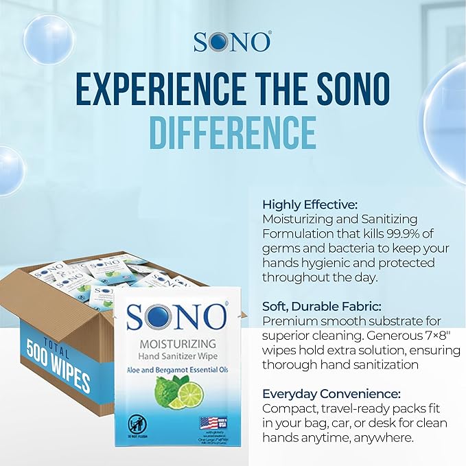 SONO Bergamot & Aloe Moisturizing Hand Sanitizer Wipes - TSA-Approved Travel Size Individual Packs for On-the-Go Hygiene & Cleansing - Alcohol-Free Antibacterial for Hands & Surfaces