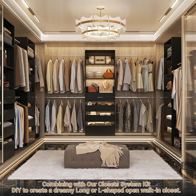 Aheaplus Closet System, 4-9Ft Closet Organizer with 4 Wooden Drawers, Wood Closet Organizer System with Tower, Walk-in Closet Organizer Wardrobe Clothes Rack with 4 Hanging Rods, Garment Rack, Black