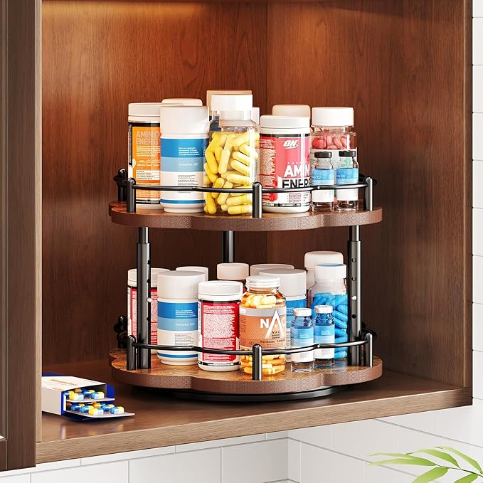 Lazy Susan Spice Rack Organization for Cabinet - 2 Tier Adjustable Height Lazy Turntable Spice Organizer for Kitchen Countertop & Pantry, Wood 10 Inch Seasoning Storage, Black