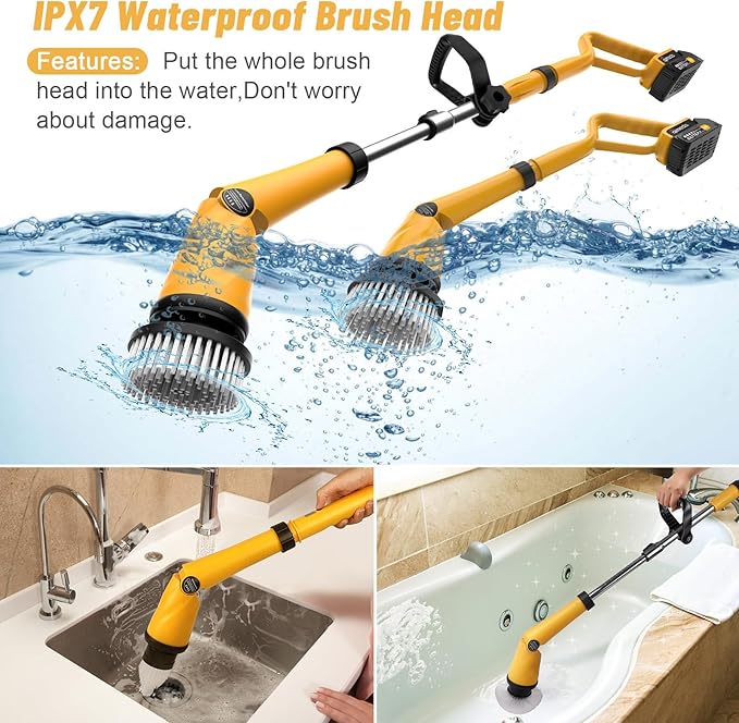 Qimedo 1500 RPM Electric Spin Scrubber with Two Batteries Q2 Pro, Cordless Battery Powered Shower Scrubber,Electric Tile Floor Scrubber with Display for Grout/Tile/Tub (Effortless Handle/8 Brushes)