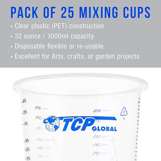 TCP Global 32 oz. (1000ml) Graduated Plastic Mixing Cups (Box of 25) - Disposable Plastic Measuring Cups for Liquids, Paints, Resin, Epoxy, Art, Kitchen - Ratios 2-1, 3-1, 4-1 ML