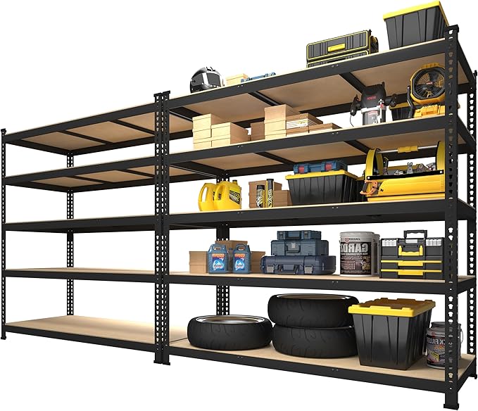 PrimeZone 2 Pack Storage Shelves 48" x 24" x 72" - 5 Tier Heavy Duty Adjustable Garage Storage Shelving, Metal Storage Utility Rack Shelf Unit for Warehouse Pantry Closet Kitchen, Black