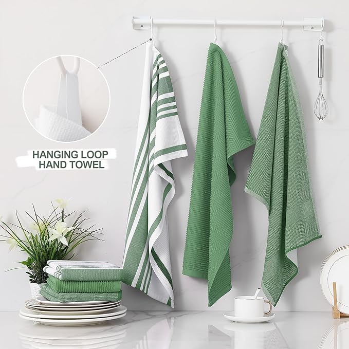 Homaxy Premium Kitchen Towels(18”x 28”, 12 Pack), Large Cotton 380 GSM Kitchen Hand Towels, Soft and Absorbent Terry Dish Towels, Multipurpose Tea Towel Set with Hanging Loop, Grass Green