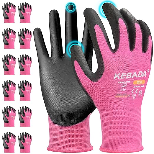 Kebada W1 Work Gloves Women, PU Coated Safety Gloves with Grip, Touchscreen, Ideal for Warehouse Package Handling, Construction, Gardening, Pink Medium