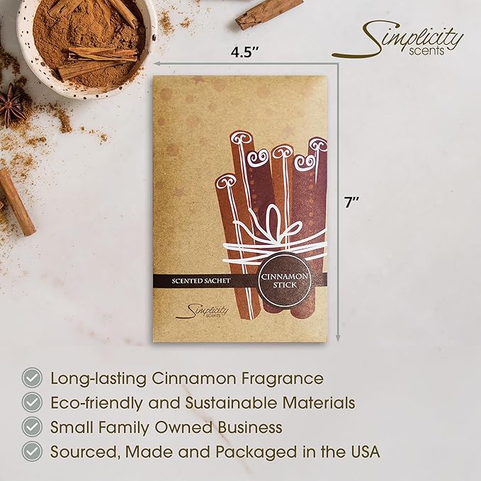 Simplicity Scents Cinnamon Sticks Scented Sachets Pack of 3, Fall & Winter - Long-Lasting Scented Bags, Home Fragrance, Air Freshener & Deodorizer for Closet, Room, Drawer, or Cars, Made in The USA