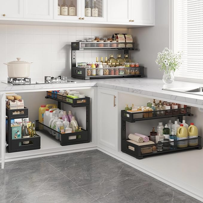 2 Pack 20.47IN Depth Under Sink Storage Organizer, Large 2-Tier Elegant Mesh Pull Out Shelf for Kitchen and Bathroom Cabinet Organization, L-Shaped and Adjustable Height Design-Black