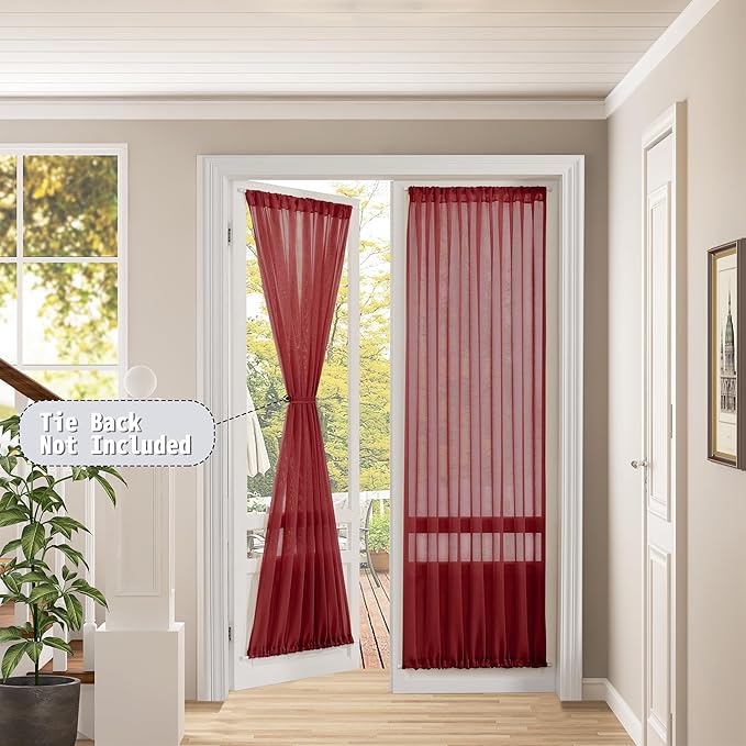 Tollpiz Sheer Door Curtain Closet Linen Textured Curtains Sheer Doorway Light Filtering Voile Patio Glass Door Rod Pocket Curtain French Door, 54 x 72 inches Long, Burgundy Red, Set of 1 Panel