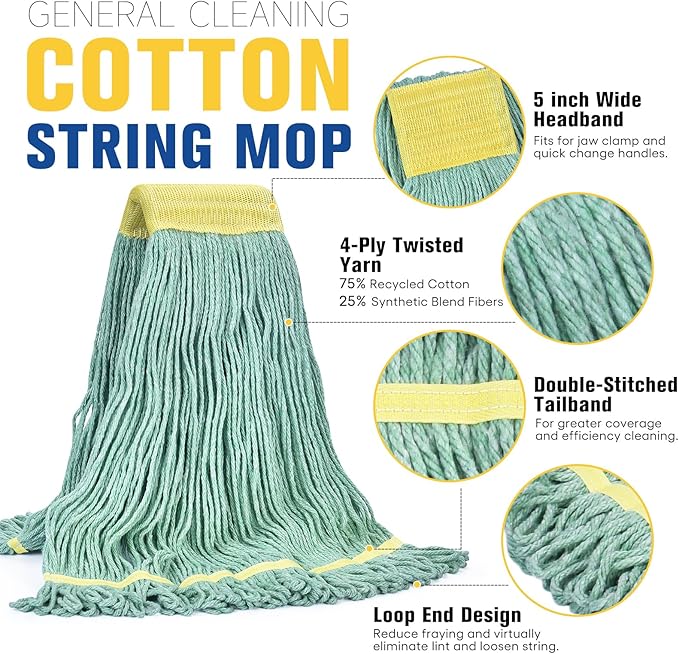 Matthew Cleaning Commercial Mop Head Replacement, 5 Inch Wide Headband, Looped End Cotton Blend String Wet Mops for Floor Cleaning, 18 oz Medium, 6-Pack Green