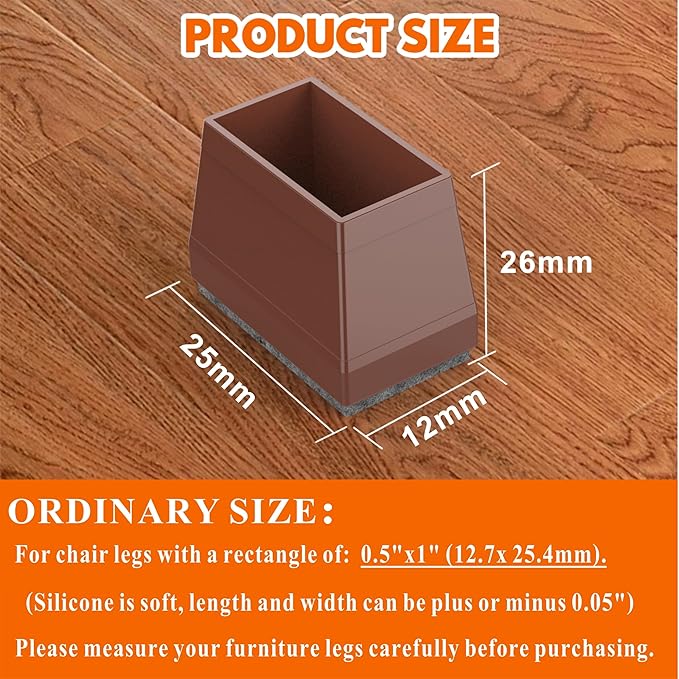 Rectangle Chair Leg Protectors for Hardwood Floors,16 PCS Silicone Covers to Protect Wood Tile Floors Felt Pads Furniture Leg Caps Reduce Noise. Easy to Move. (Brown,0.5 x 1 Inch, Rectangular)