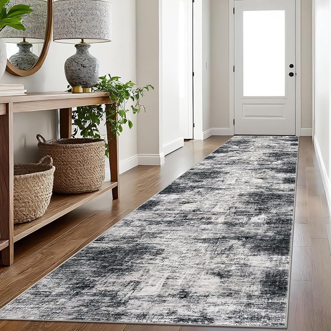 IOHOUZE Abstract Runner Rug 3x16 Ft Long Washable Runners for Hallways, Non Slip Kitchen Runner Printed Faux Wool Entryway Runner Indoor, Modern Abstract Floor Carpet for Hall Stair, Black Grey