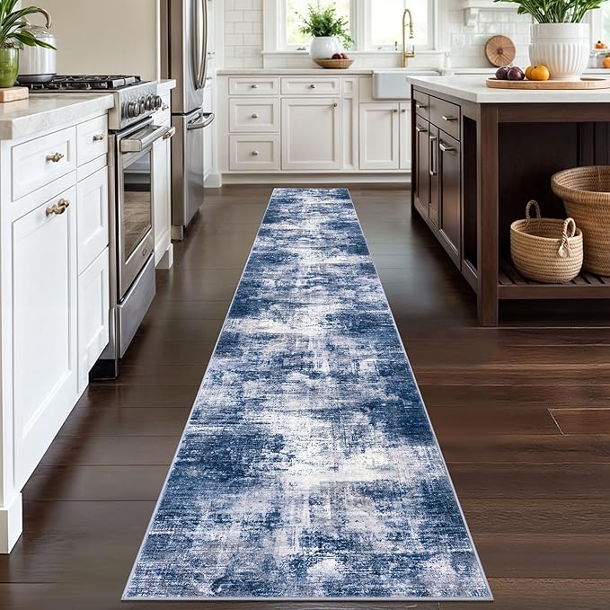 IOHOUZE Abstract Runner Rug 2x12 Ft Washable Runners for Hallways, Non Slip Kitchen Runner Printed Faux Wool Entryway Runner Indoor, Modern Abstract Floor Carpet for Hall Kitchen, Navy/Grey